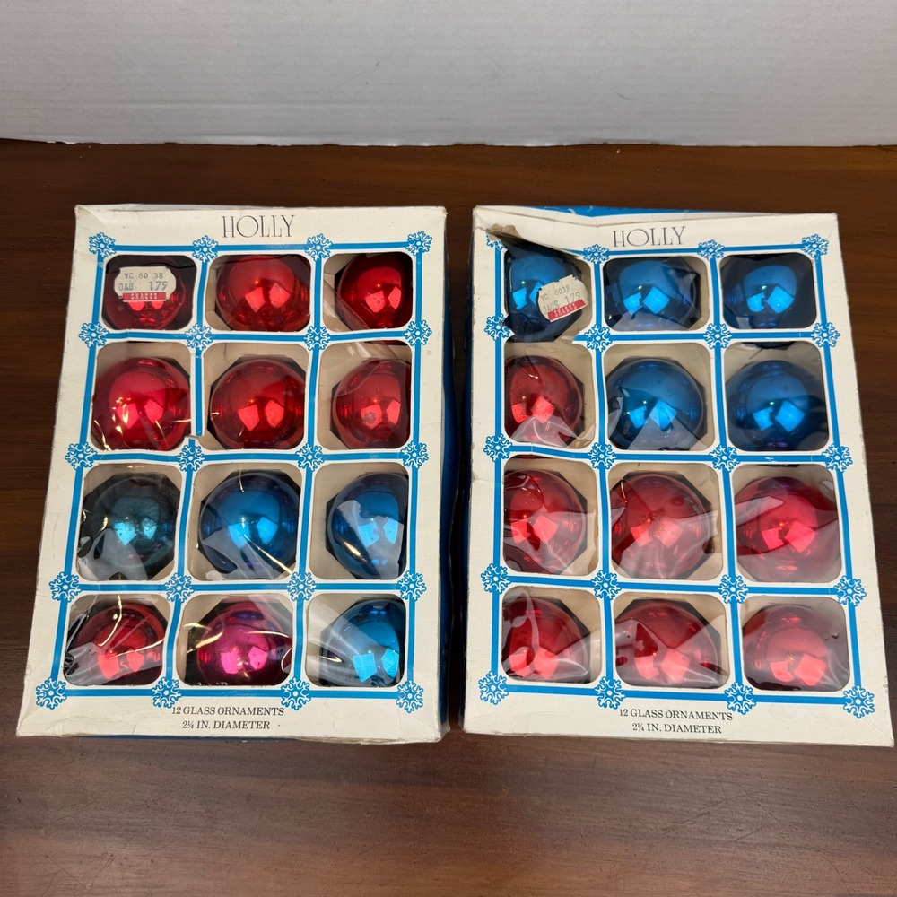 Vintage Holly Glass Christmas Ornaments Red Blue Set of 24 2.25" American Made